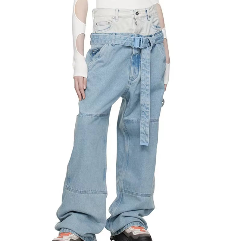 OUDINA Street Style Patchwork Washed Jeans Double Waist Color Contrast Belt Women'S Pants