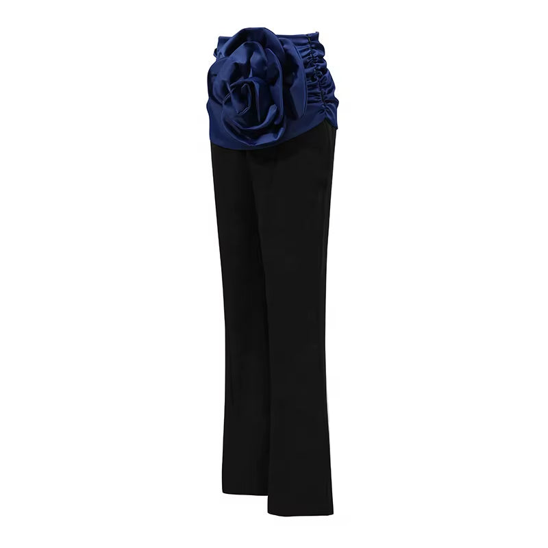 OUDINA Fashionable Three-Dimensional Flower Contrasting Color Elegant High Waist Trousers Casual Pants for Women