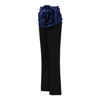 OUDINA Fashionable Three-Dimensional Flower Contrasting Color Elegant High Waist Trousers Casual Pants for Women