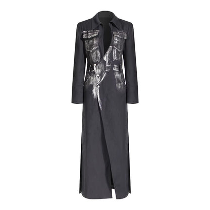 OUDINA Stylish Silver Brush Color Rock Maxi Windbreaker Blazers Ladies Trench Coat Women Long Jacket