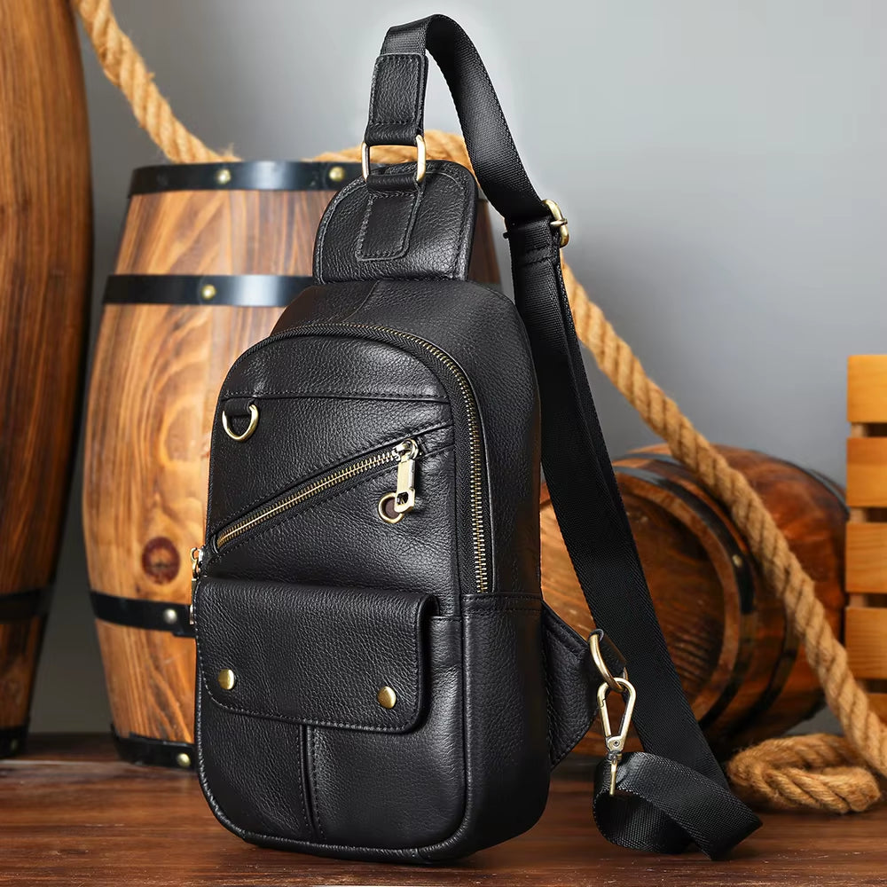 MARRANT Travel Hiking Leather Sling Bag Men Crossbody Shoulder Chest Daypack Genuine Leather Crossbody Bag Chest Bags for Men