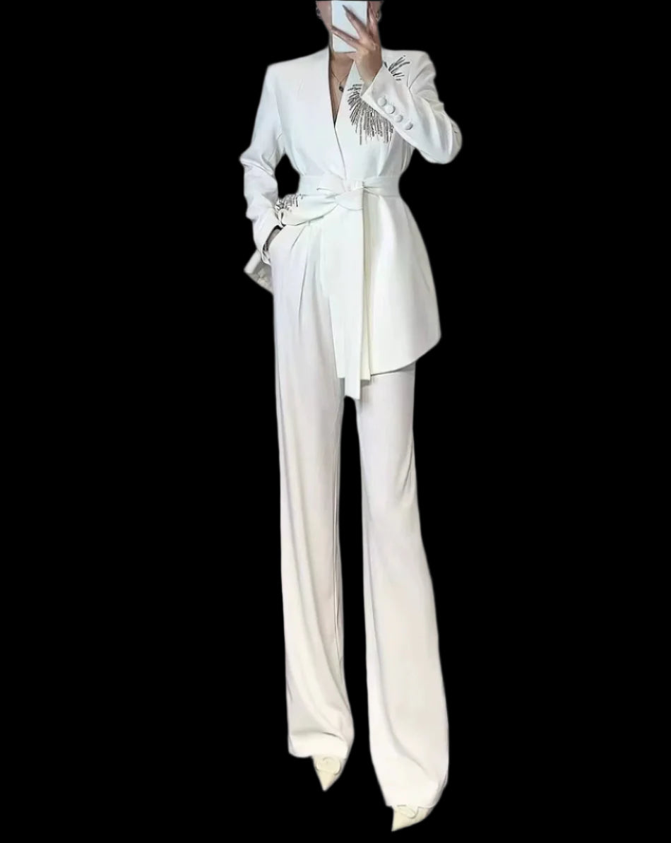 Fireworks Pattern Beaded Flared Pants Professional Suit Two Piece Sets Blazer Women Suits