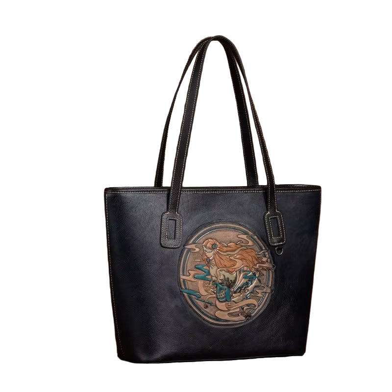 Westal Women Vintage Cowhide Leather Embossed Shoulder Tote Bag Large Work Purse Handbag Genuine Leather Women Laptop Tote Bag