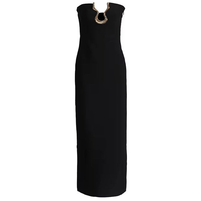 DRESS 4    t Tube Top V Neck Black Temptation Gilded Lock Slim Long Bandage Dresses Black Dress for Women