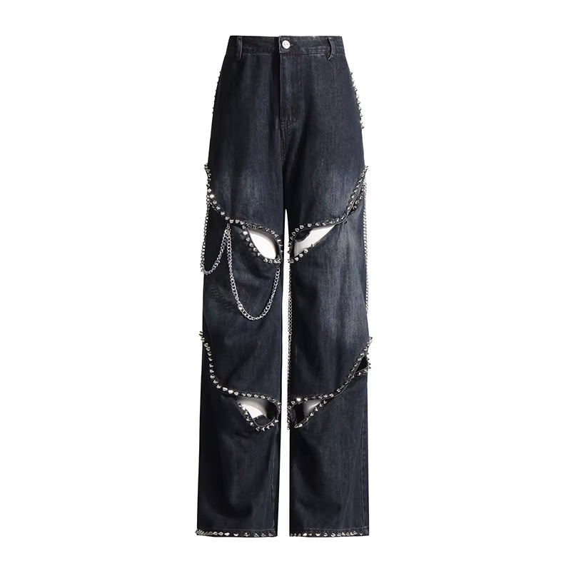 OUDINA Fashion Rivet Jeans for Women High Waist Hollow Women'S Denim Jeans Streetwear Straight Women'S Jeans