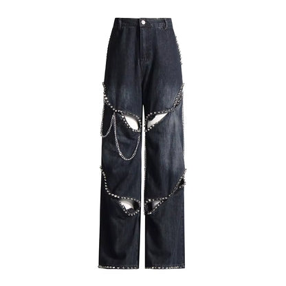 OUDINA Fashion Rivet Jeans for Women High Waist Hollow Women'S Denim Jeans Streetwear Straight Women'S Jeans
