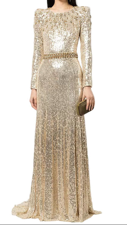 OUDINA Fast Shipping Fashion See through Beaded Hollow Mesh Long Dress Gown Elegant Luxury Evening Dresses