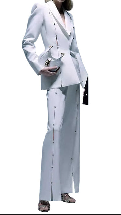 OUDINA Fashion White Elegant Hollow Office Formal Profession Lady Two Piece Sets Suits Trousers Women Suit Blazer