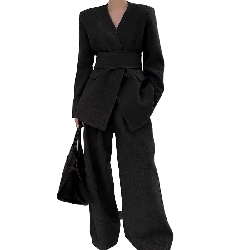 OUDINA Fashion Stitching Sashes High Waist Wide Leg Pants Solid Ladies Suits Women Two Piece Set Women'S Suits