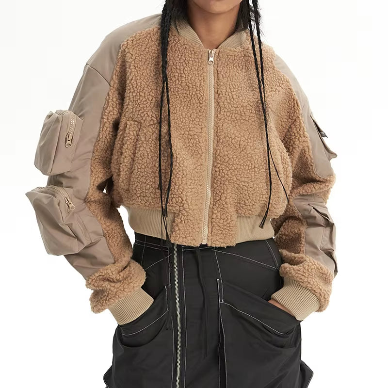 OUDINA Fashionable Multi-Pocket Fur Zipper Lamb Wool Winter Flight Jackets Cargo Coat Women Bomber Jacket