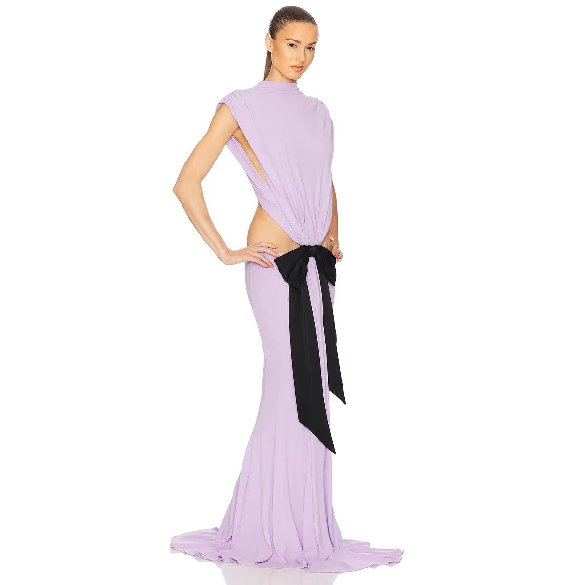 OUDINA Women'S Clothing Casual Sleeveless Waist-Baring Bow Fishtail Dresses Evening Lady Elegant Party Dress for Women