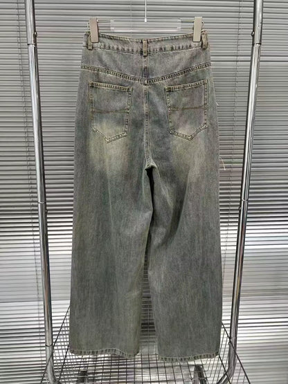 OUDINA New American Fashion Jeans Wave Fractal Structure Straight Leg Pants High Waist Denim Pants for Women