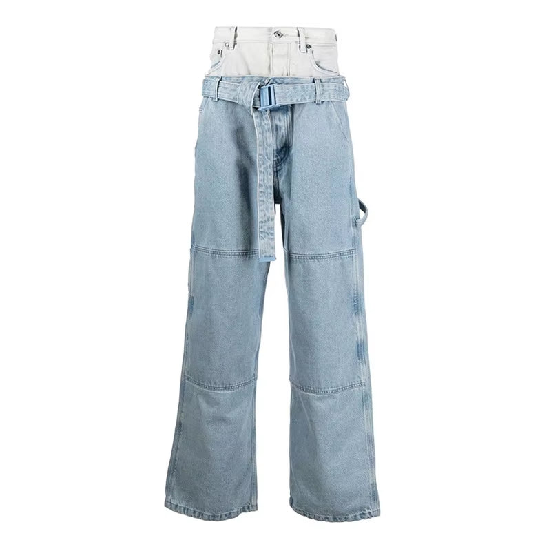 OUDINA Street Style Patchwork Washed Jeans Double Waist Color Contrast Belt Women'S Pants