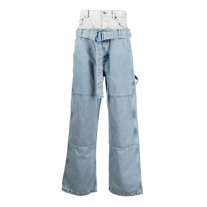 OUDINA Street Style Patchwork Washed Jeans Double Waist Color Contrast Belt Women'S Pants