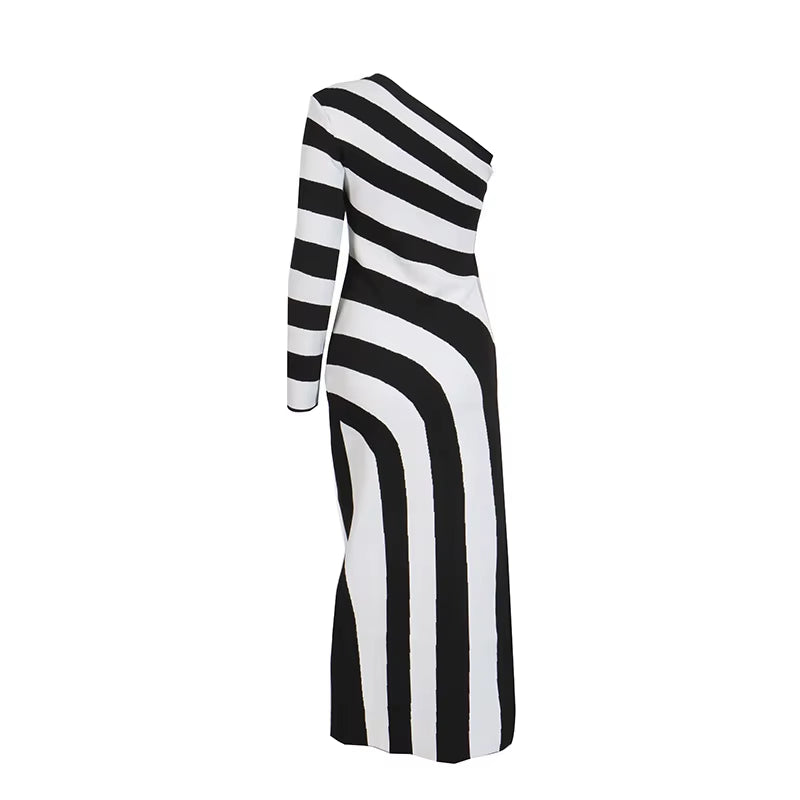 OUDINA New Temperament Zebra Pattern Bare Leg Bandage Banquet One Shoulder Dresses Party Dress