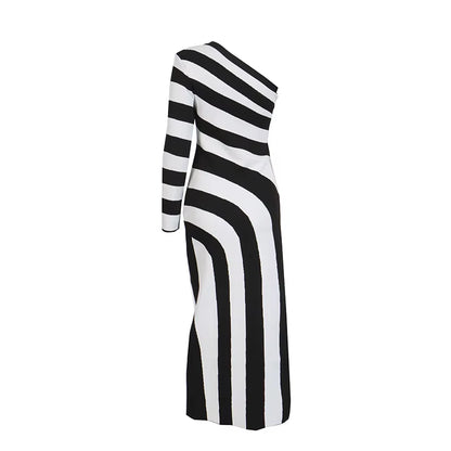 OUDINA New Temperament Zebra Pattern Bare Leg Bandage Banquet One Shoulder Dresses Party Dress