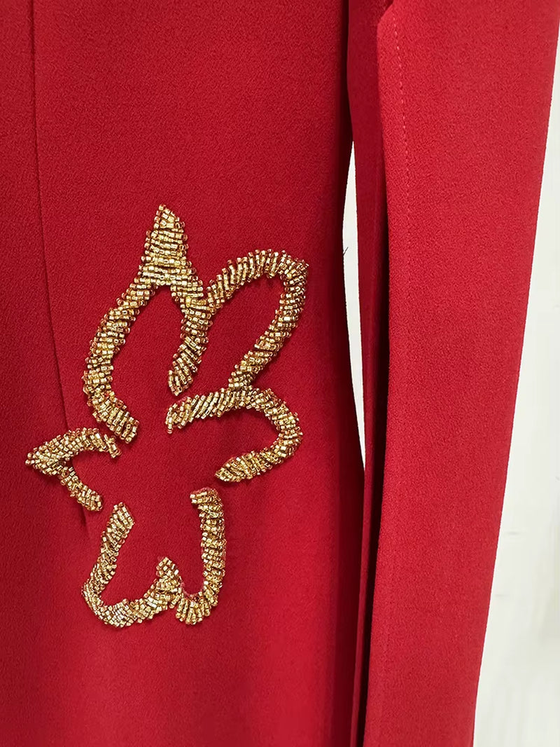 OUDINA European Long Sleeve Elegant Beaded Diamond Floating Sleeve Red Long Dress Floor-Length Evening Dresses Women