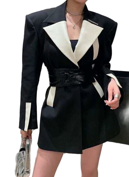 OUDINA Niche Product Cool Leather Collar Black Elegant Woman Blazer Jacket Ladies Blazers