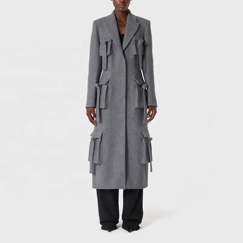 OUDINA 2023 New Style Fashionable Multi-Pocket Decorative Design Suit Jacket Slimming Long Coat for Women Blazer