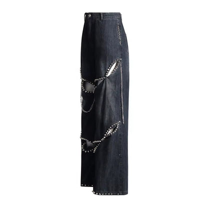 OUDINA Fashion Rivet Jeans for Women High Waist Hollow Women'S Denim Jeans Streetwear Straight Women'S Jeans