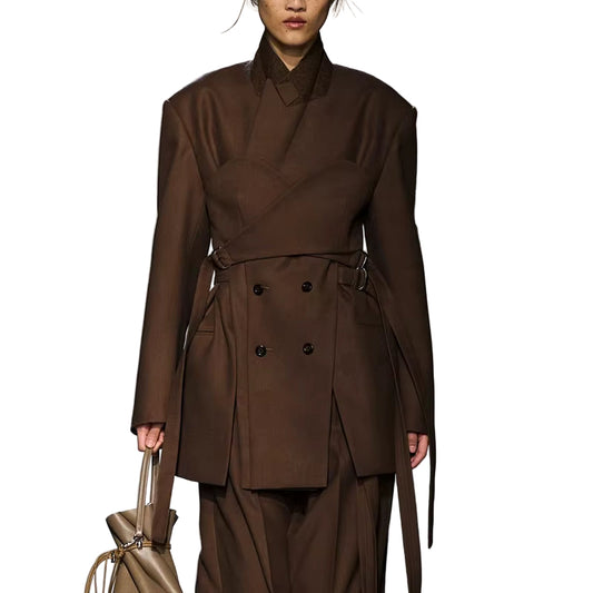 OUDINA New Style Casual Elegant Commuter Cross Belt Irregular Collage Solid Color Blazer Ladies Blazers Jackets