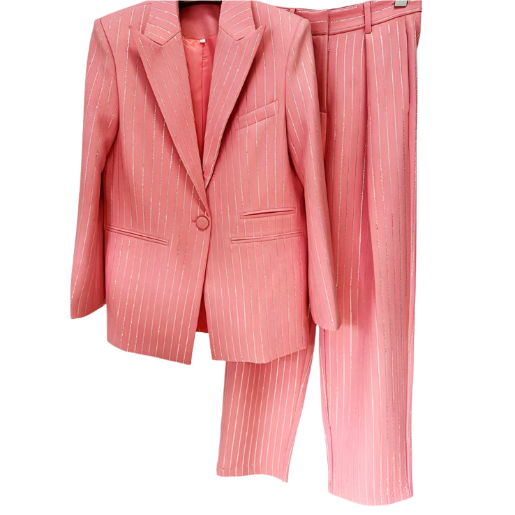 OUDINA Hot Diamond Pieces Professional Rhinestones Suit Jacket Blazers Pants Set Trousers Suit Two Piece Women'S Suits