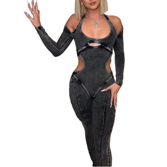 OUDINA Autumn Women'S New Style Backless Jumpsuit Halterneck Hollow Long Sleeve Bodycon Jumpsuits for Women