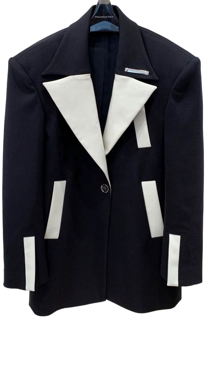 OUDINA Niche Product Cool Leather Collar Black Elegant Woman Blazer Jacket Ladies Blazers