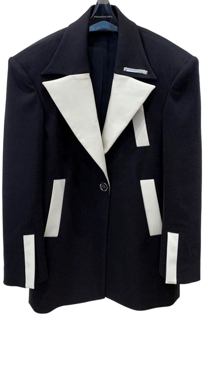 OUDINA Niche Product Cool Leather Collar Black Elegant Woman Blazer Jacket Ladies Blazers