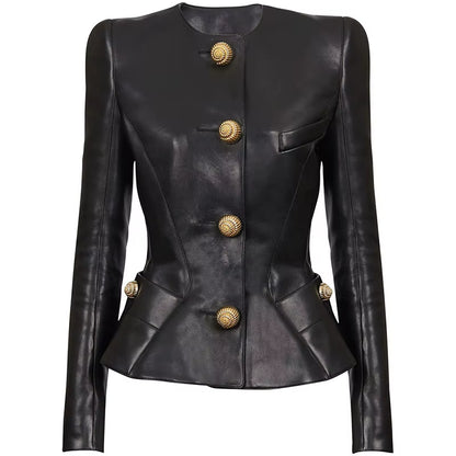 OUDINA American Fashion Elegant PU Snail Metal Button Blazers Jackets Coat Motorcycle Jackets Women Leather Jacket