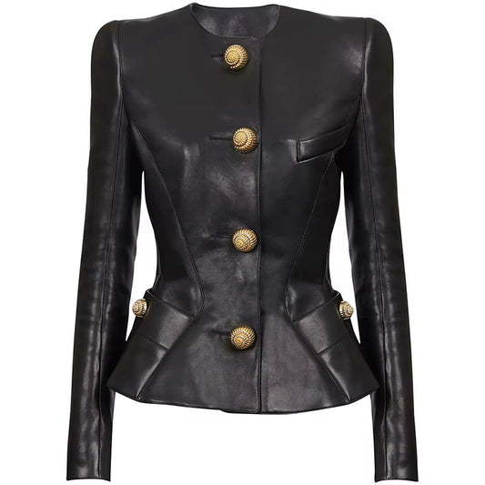 OUDINA American Fashion Elegant PU Snail Metal Button Blazers Jackets Coat Motorcycle Jackets Women Leather Jacket