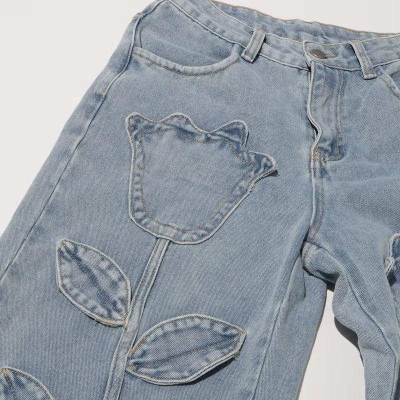 OUDINA Casual Classic Straight Denim Jeans for Women Elegant Flower Applique High Waist Women'S Jeans