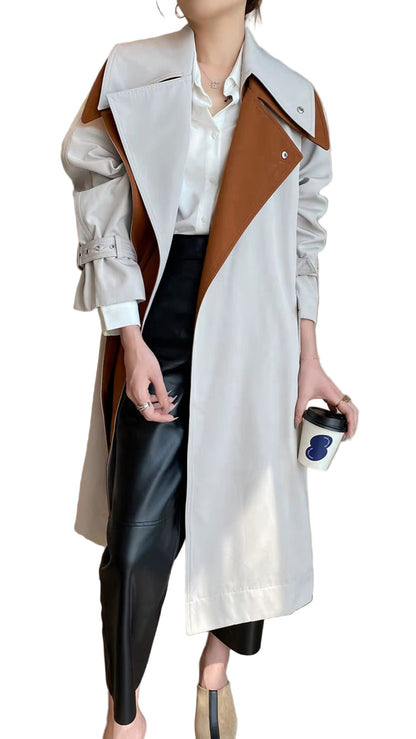 OUDINA Korean Long Coat for Women Popular Contrasting Patchwork Casual Windbreaker Jacket Women'S Trench Coats