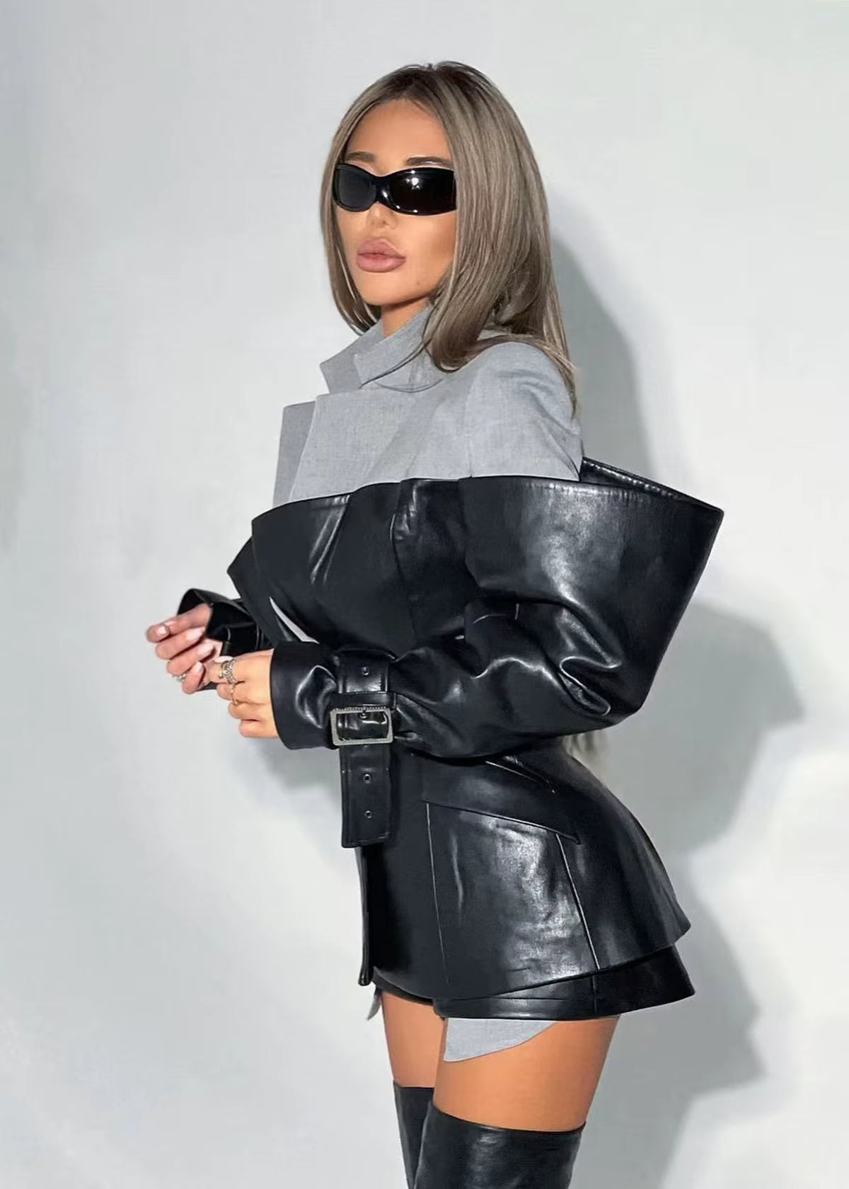 OUDINA Fashion New Personality PU Leather Patchwork Jacket Loose Casual Women Blazer Jacket