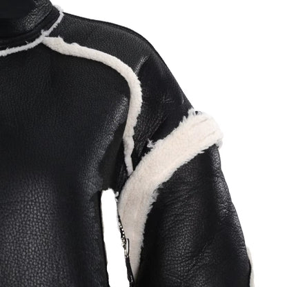 OUDINA New Style Thick Cotton PU Leather Motorcycle Lamb Wool Coats Jacket Winter Coat for Women