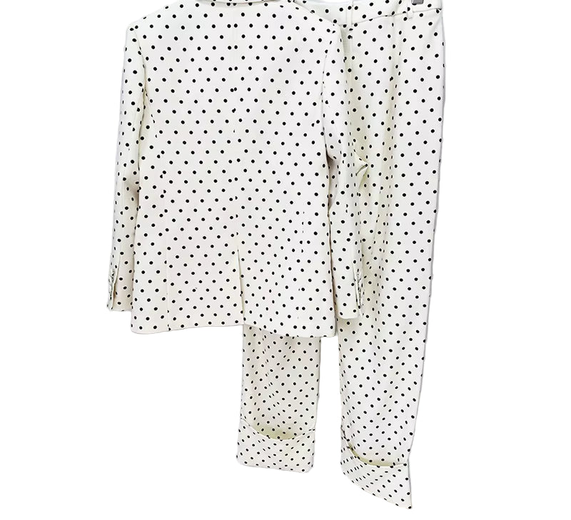 OUDINA Fast Shipping Elegant Bow Decoration Polka Dot Jacket Trousers Pants Blazers Two Piece Set Women'S Suits