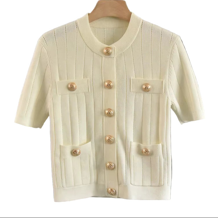 OUDINA Summer French Casual Elegant Button Short Sleeve Cardigan Top Women'S Knitted Sweater