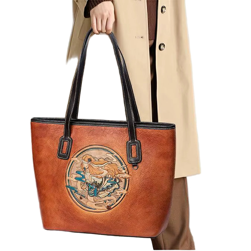 Westal Women Vintage Cowhide Leather Embossed Shoulder Tote Bag Large Work Purse Handbag Genuine Leather Women Laptop Tote Bag