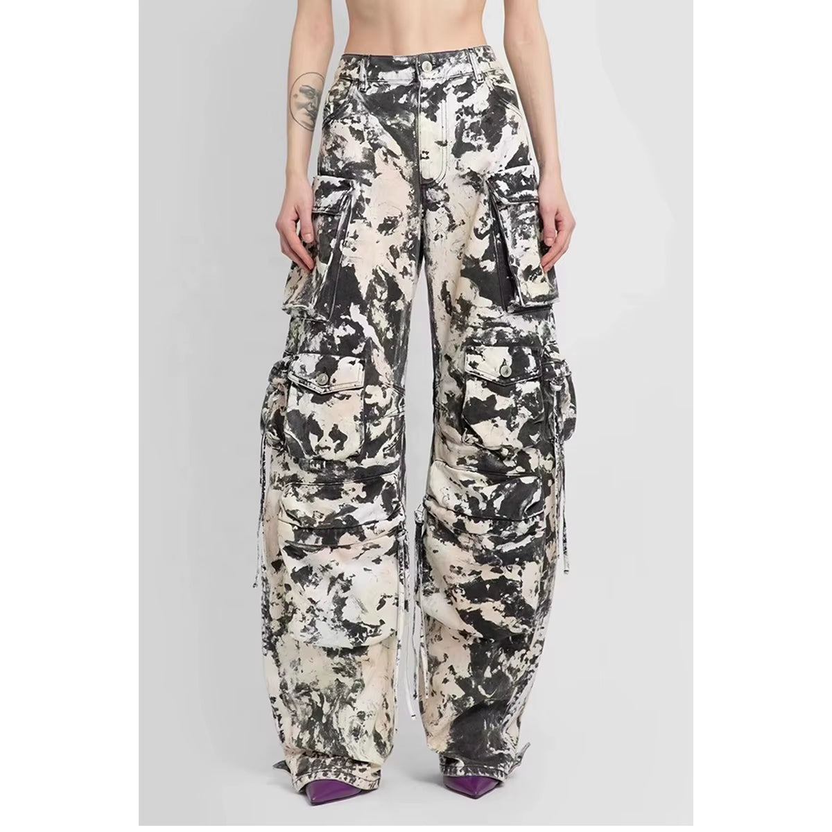 OUDINA Streetwear Camouflage Print Cargo Pants Comfortable Multi Pocket Straight Pants for Women Casual Cargo Pants