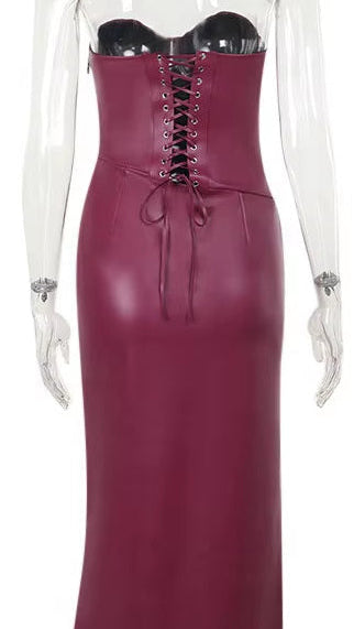 OUDINA Trendy Sleeveless Solid Backless Elegant PU Women Dress Simple Ladies Dress Casual Dresses