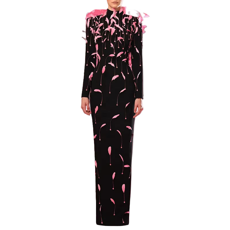 OUDINA New Trendy Luxury Feather Decoration Backless Long Evening Dress Lady Elegant Party Elegant Dresses for Women