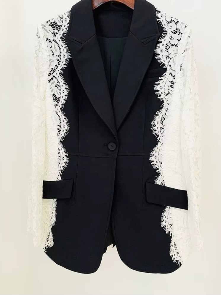 OUDINA Fashion Formal Lace Sleeve Splice Blazer Jacket Suit Elegant Blazer Casual Ladies Blazer