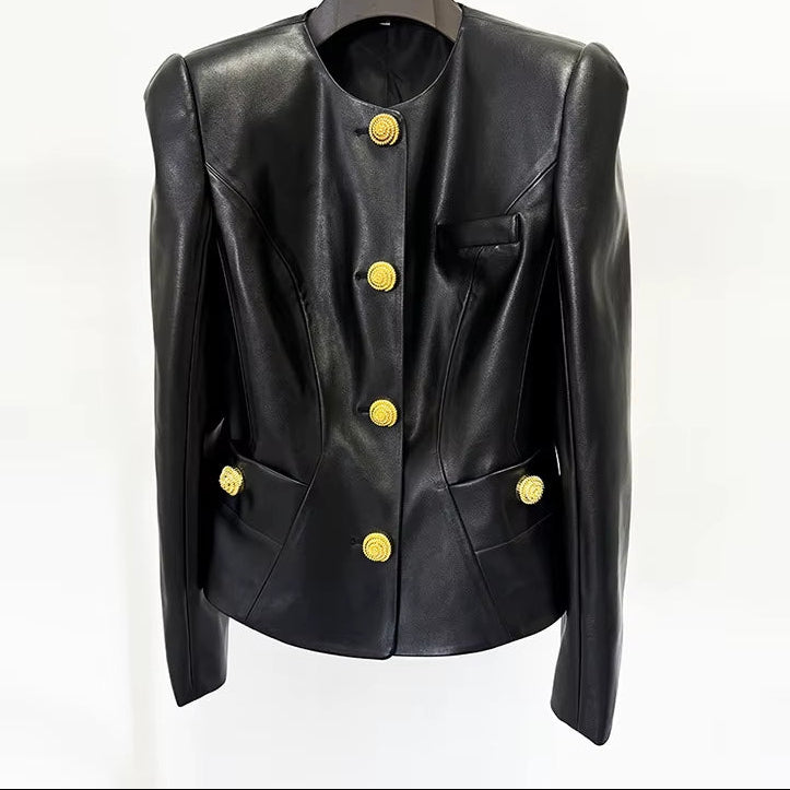OUDINA American Fashion Elegant PU Snail Metal Button Blazers Jackets Coat Motorcycle Jackets Women Leather Jacket