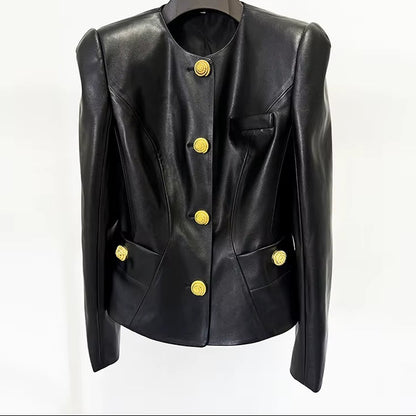 OUDINA American Fashion Elegant PU Snail Metal Button Blazers Jackets Coat Motorcycle Jackets Women Leather Jacket
