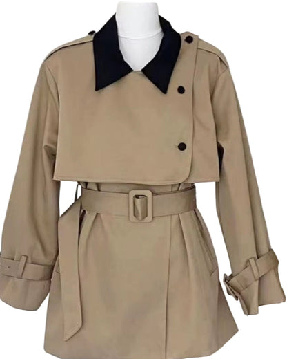 OUDINA Wholesale Korean Style Contrasting Colors with Belt Lace-Up Custom Trench Jackets Women'S Winter Jacket