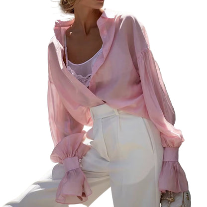 OUDINA Trendy Sexy Long Sleeve Shirt New Style Backless Lace-Up Slimming Solid Color Blouses for Women