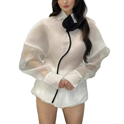 OUDINA Boutique Sweet Style See through Lantern Sleeve Casual Elegant Loose Tops and Blouses Shirts for Women