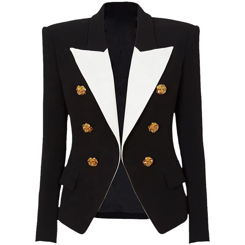 OUDINA New Contrast Color Rose Button Elegant Casual Mini Skirts Two Piece Sets Blazer Jacket Blazers Ladies Women