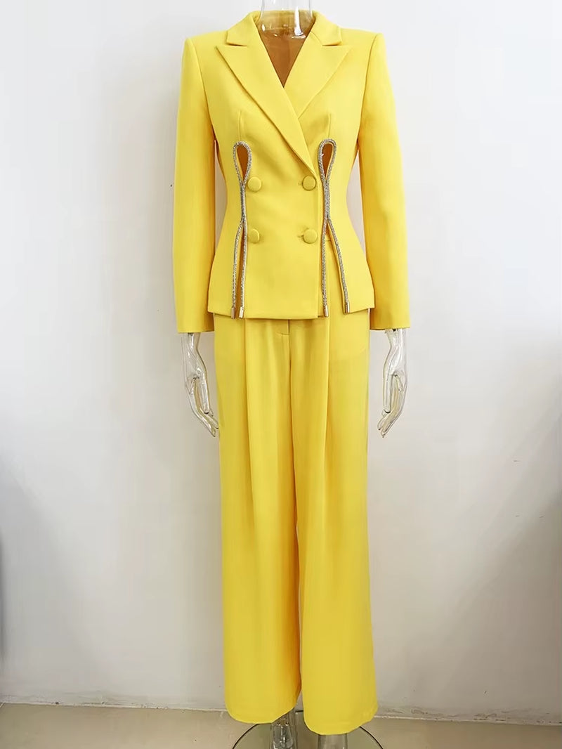 OUDINA Wholesale Trendy OEM Diamond Strip Straight Pants Profession Business Two Piece Set Ladies Blazer Suit for Women
