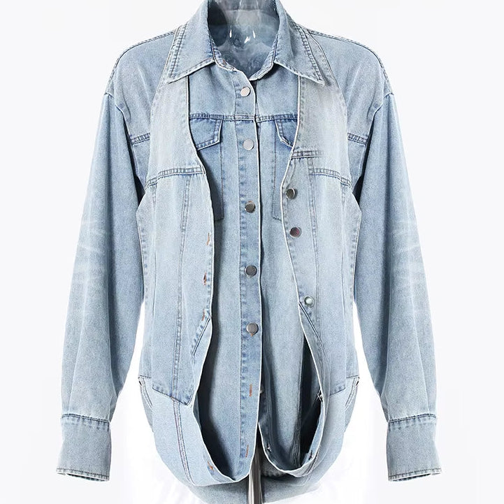 OUDINA Fashion Retro Light Washed Shirt Jacket Casual Ladies Jackets Trend Street Style Denim Jacket